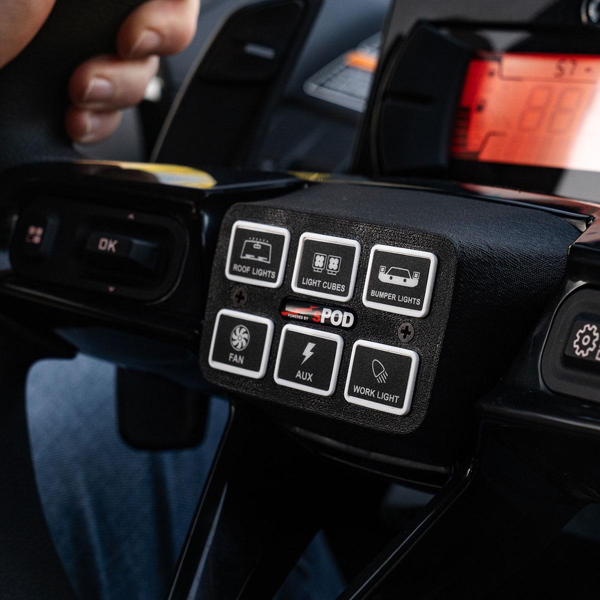 sPOD Mini6 Steering Wheel Mount Kit | 6-Circuit 30A | Thumb-Access Control | Can-Am Maverick R 2024-2026 | 870137