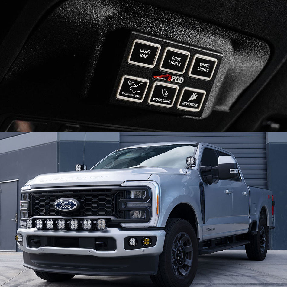 sPOD Mini6 SourceLT 870142 — 6-Circuit 30-Amp Bluetooth Power Management | Entry Price Point | Vehicle-Specific Mount | 5-Year Warranty | 2023–2026 Ford F-250 / F-350 Super Duty