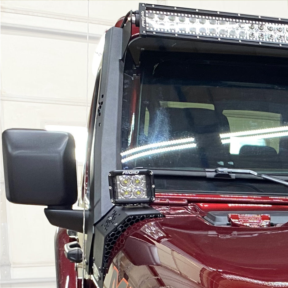 Rock Slide Engineering Large Cowl LED Light Pod Bracket Kit Lower 10-Gauge 2021-2023 Jeep Gladiator JT / 2018-2026 Jeep Wrangler JL