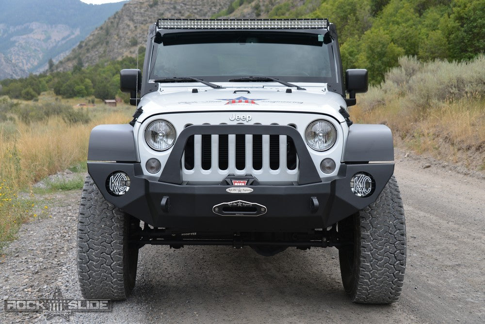 Rock Slide Engineering Full Front Bumper Rigid Series Bull Bar Winch Plate 10-Gauge Steel 2007-2018 Jeep Wrangler JK