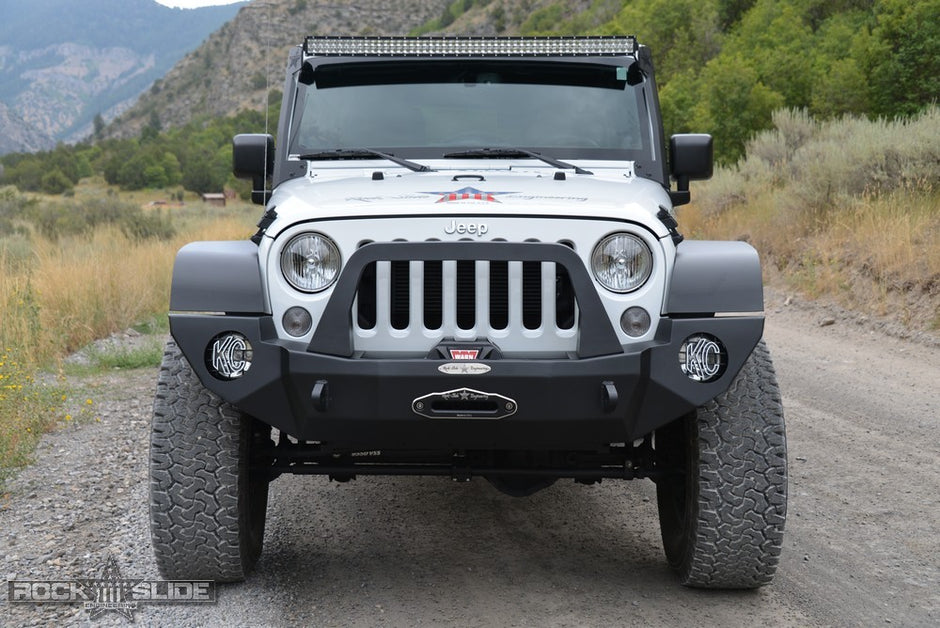 Rock Slide Engineering Full Front Bumper Rigid Series Bull Bar Winch Plate 10-Gauge Steel 2007-2018 Jeep Wrangler JK
