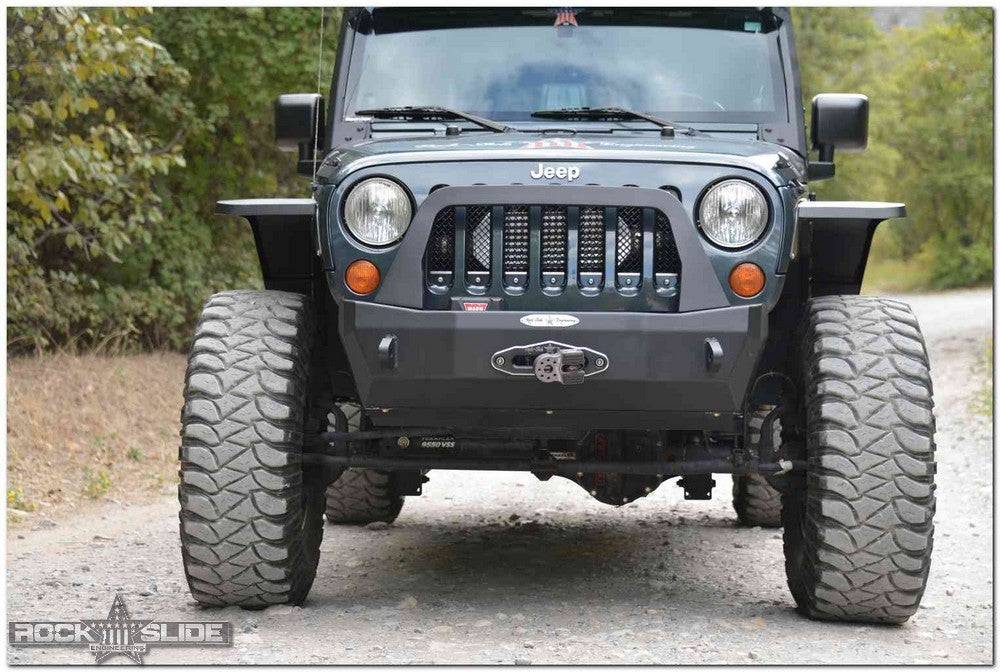 Rock Slide Engineering Stubby Front Bumper Rigid Series Bull Bar Winch Plate 10-Gauge Steel 2007-2018 Jeep Wrangler JK