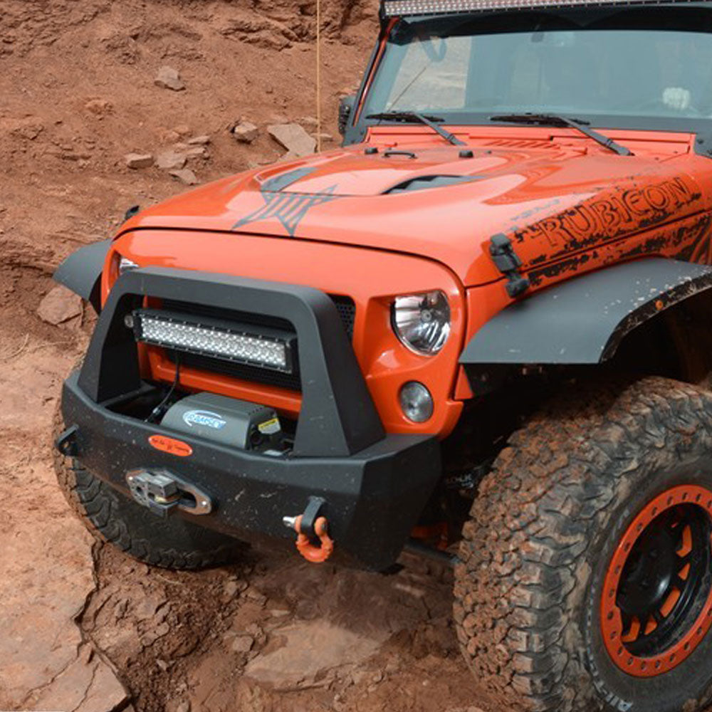 Rock Slide Engineering Stubby Front Bumper Rigid Series Bull Bar Winch Plate 10-Gauge Steel 2007-2018 Jeep Wrangler JK