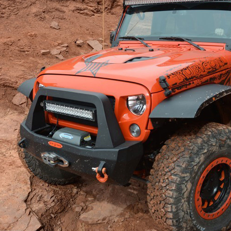 Rock Slide Engineering Stubby Front Bumper Rigid Series Bull Bar Winch Plate 10-Gauge Steel 2007-2018 Jeep Wrangler JK