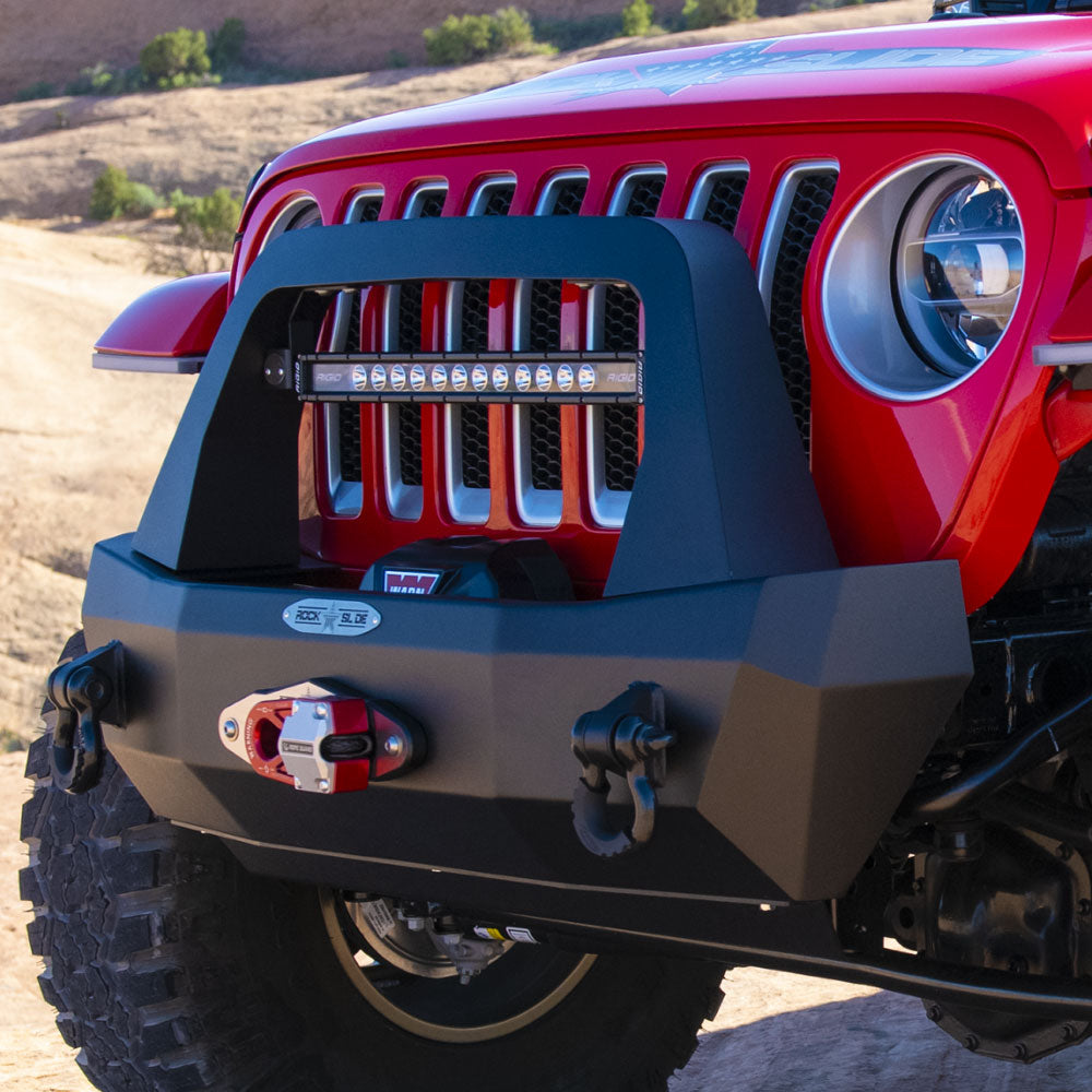 Rock Slide Engineering Stubby Front Bumper Rigid Series Bull Bar Winch Plate 10-Gauge Steel 2018-2026 Jeep Wrangler JL