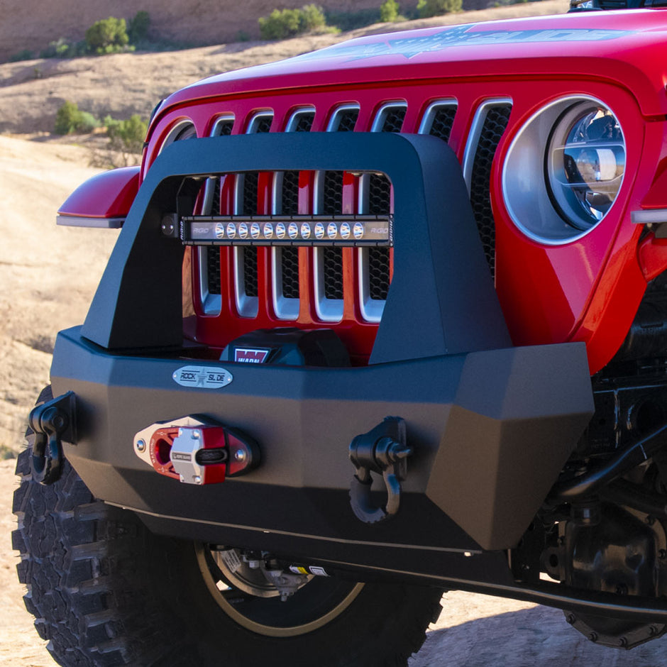 Rock Slide Engineering Stubby Front Bumper Rigid Series Bull Bar Winch Plate 10-Gauge Steel 2018-2026 Jeep Wrangler JL