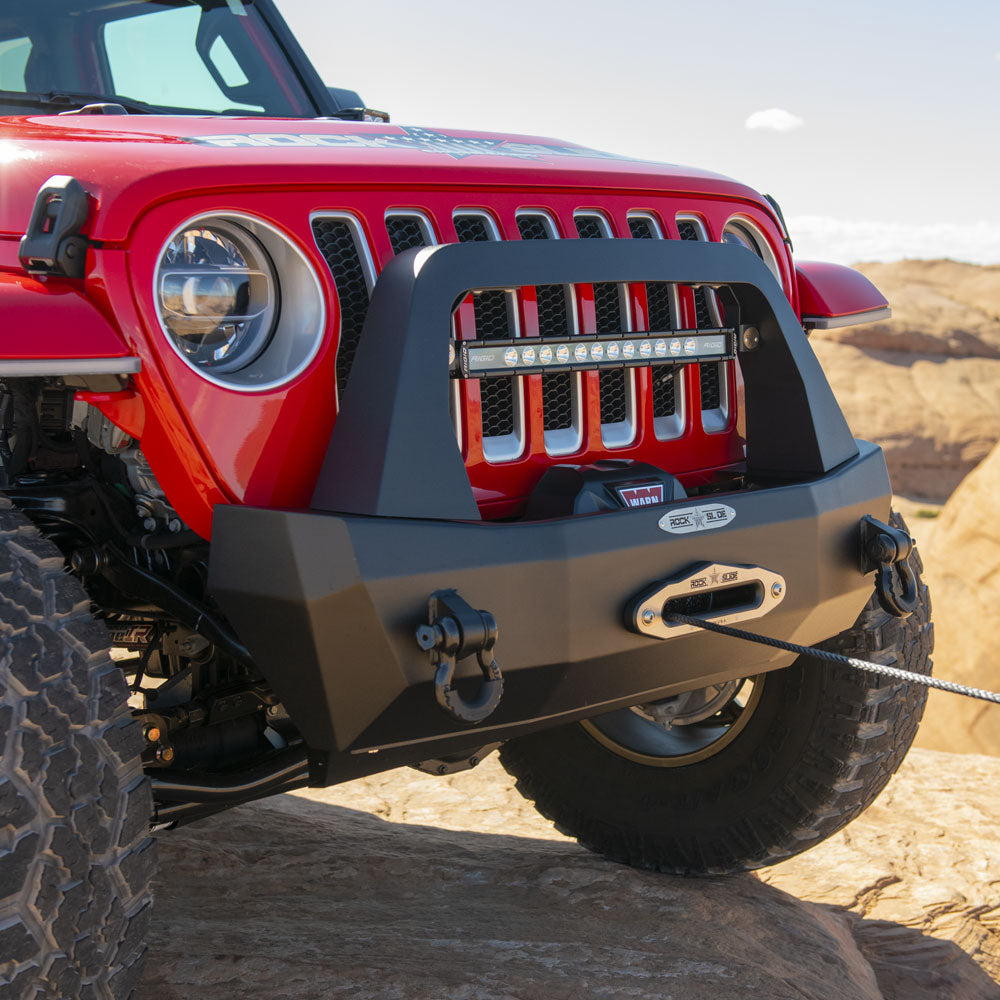 Rock Slide Engineering Stubby Front Bumper Rigid Series Bull Bar Winch Plate 10-Gauge Steel 2018-2026 Jeep Wrangler JL