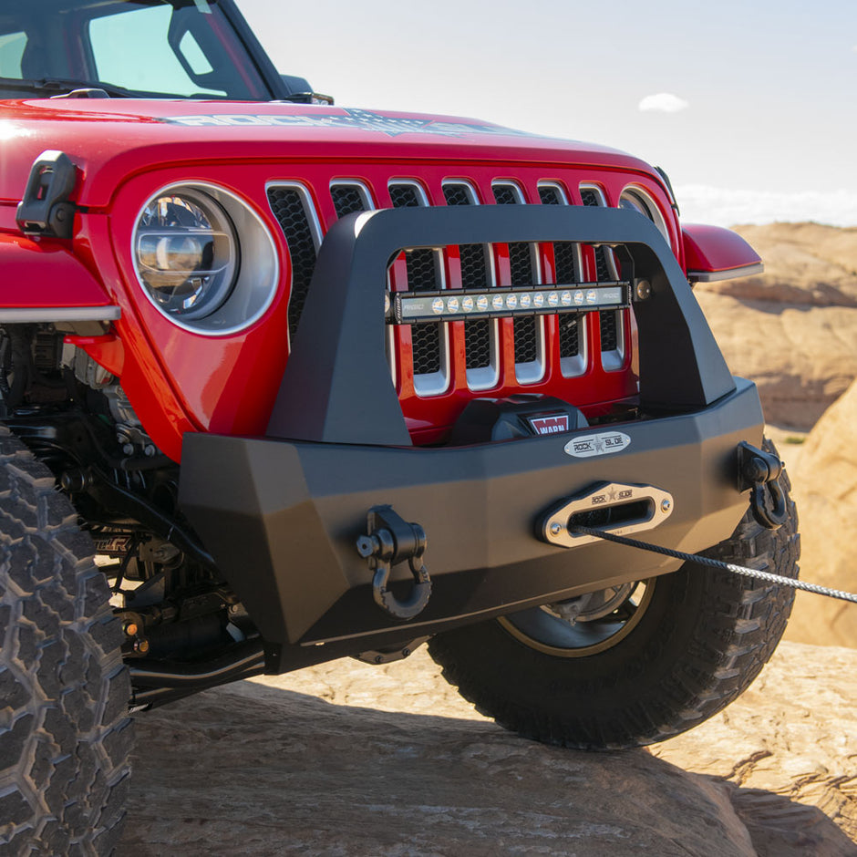 Rock Slide Engineering Stubby Front Bumper Rigid Series Bull Bar Winch Plate 10-Gauge Steel 2018-2026 Jeep Wrangler JL