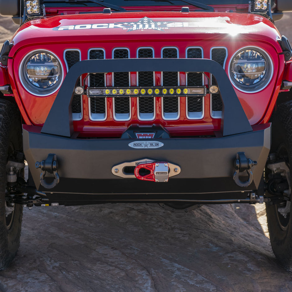 Rock Slide Engineering Stubby Front Bumper Rigid Series Bull Bar Winch Plate 10-Gauge Steel 2018-2026 Jeep Wrangler JL