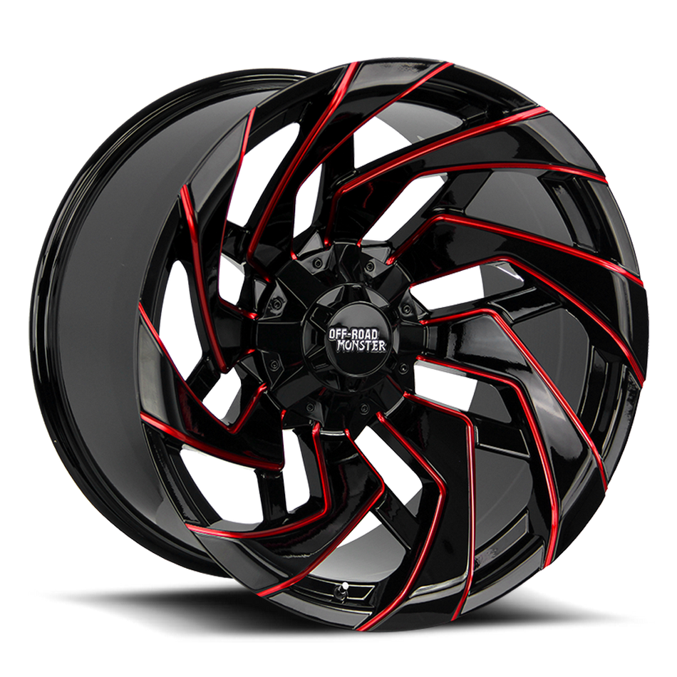 Off Road Monster Wheels M24 GBMLR Gloss Black/Candy Red | 22x12 -44mm | 8x165.1/8x170 | HD Truck Wheel
