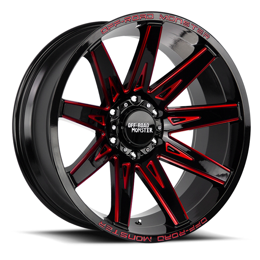 Off Road Monster Wheels M25 GBMLR Gloss Black/Candy Red | 20x10 -19mm | 5x127 | Jeep Wrangler & Gladiator