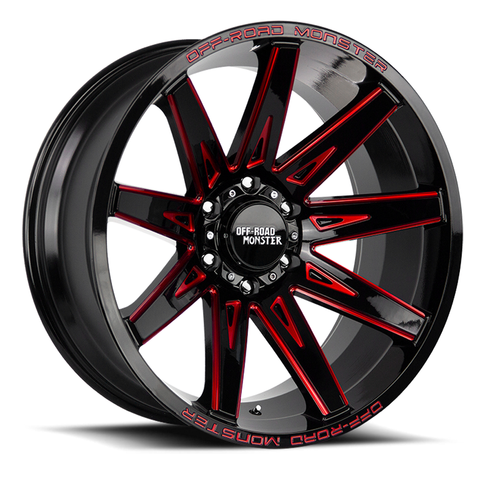 Off Road Monster Wheels M25 GBMLR Gloss Black/Candy Red | 20x10 -19mm | 5x127 | Jeep Wrangler & Gladiator
