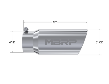 MBRP Exhaust Tip 4-Inch Inlet 5-Inch Outlet 12-Inch Length Rolled End T304 Stainless Steel Universal Fit