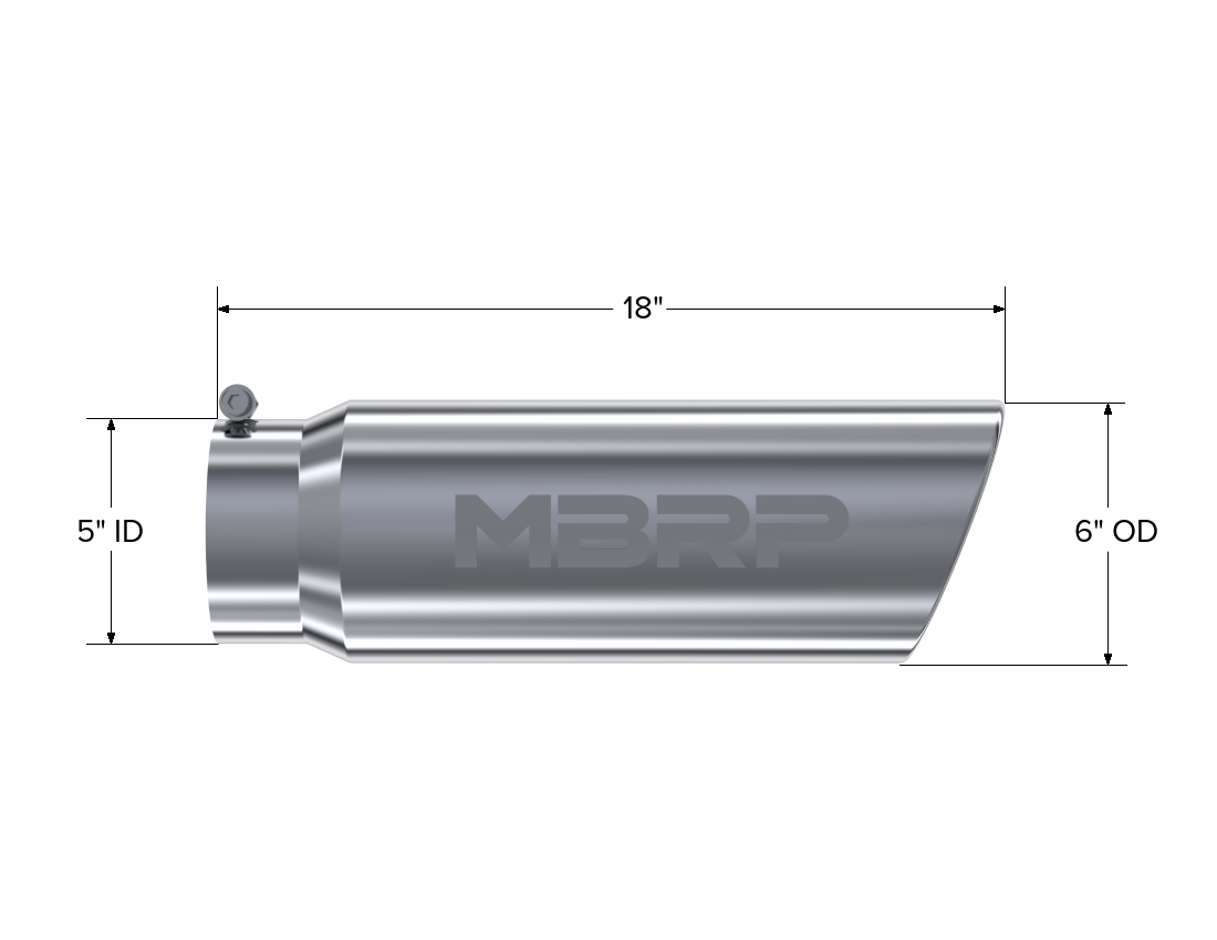 MBRP Exhaust Tip 5-Inch Inlet 6-Inch Outlet Rolled End T304 Stainless Steel Universal Fit Armor Pro Mirror Polished Exhaust Tip 6 Inch O.D. Angled Rolled End 5 Inch Inlet 18 Inch Length T304 Stainless Steel