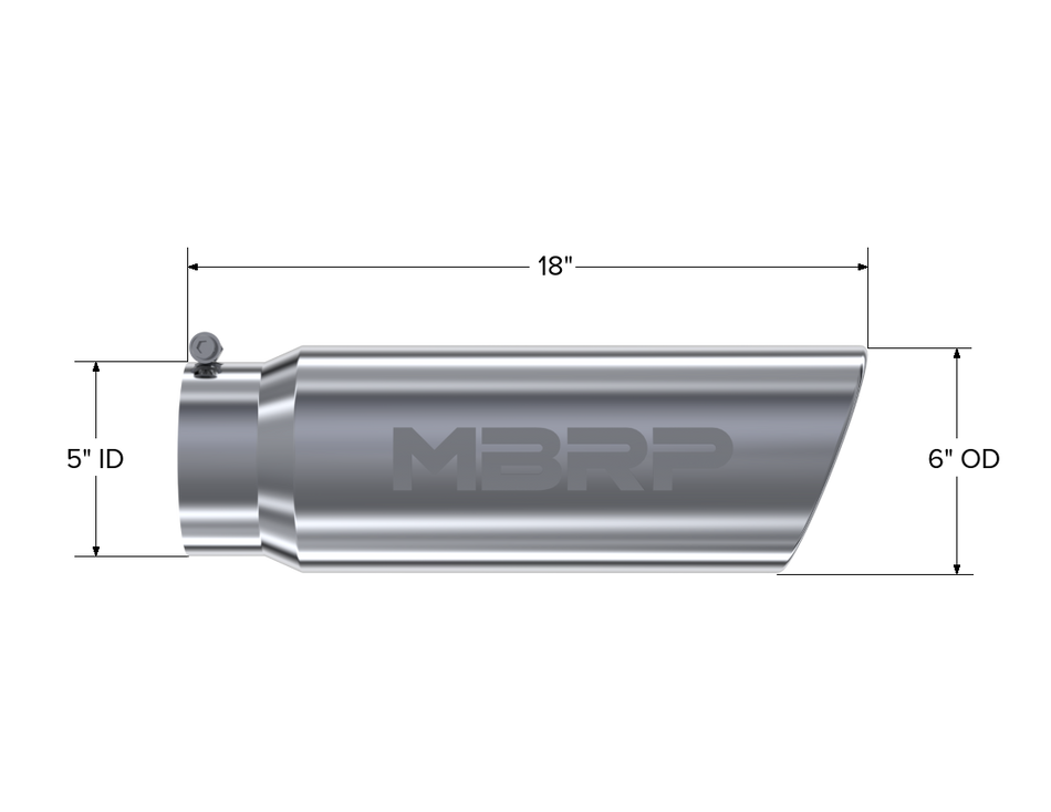 MBRP Exhaust Tip 5-Inch Inlet 6-Inch Outlet Rolled End T304 Stainless Steel Universal Fit Armor Pro Mirror Polished Exhaust Tip 6 Inch O.D. Angled Rolled End 5 Inch Inlet 18 Inch Length T304 Stainless Steel