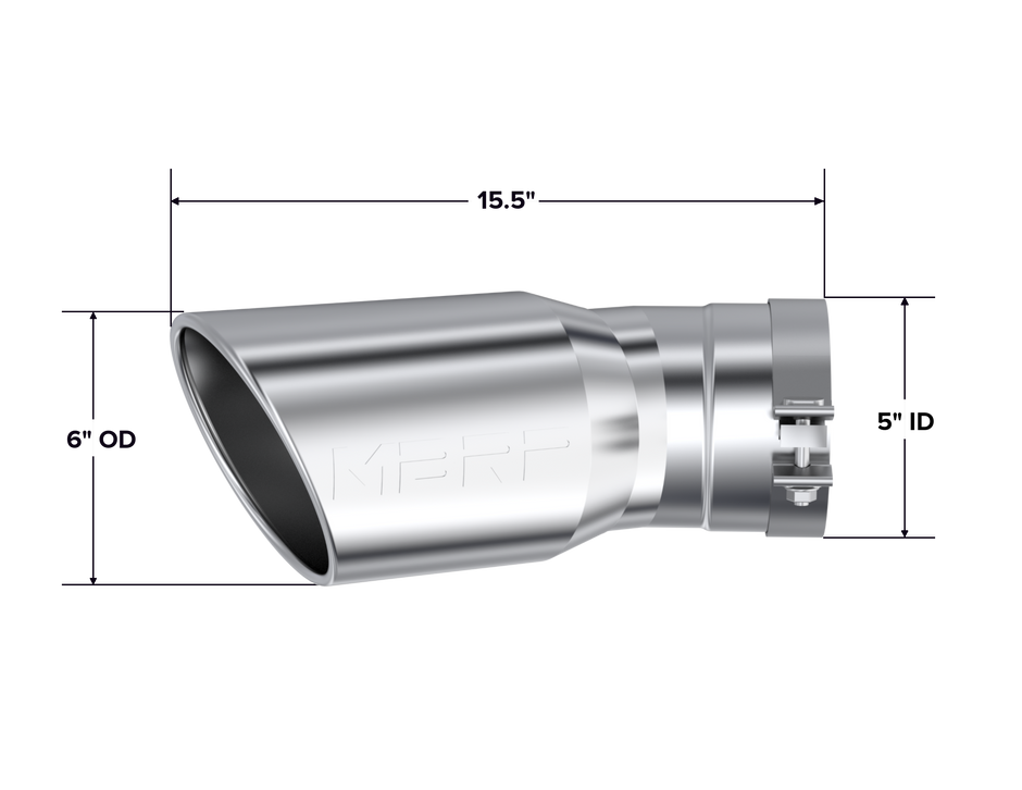 MBRP Exhaust Tip 5-Inch Inlet 6-Inch Outlet Rolled End T304 Stainless Steel 2015-2025 Chevy Silverado 2500 HD/3500 HD; 2015-2025 GMC Sierra 2500 HD/3500 HD
